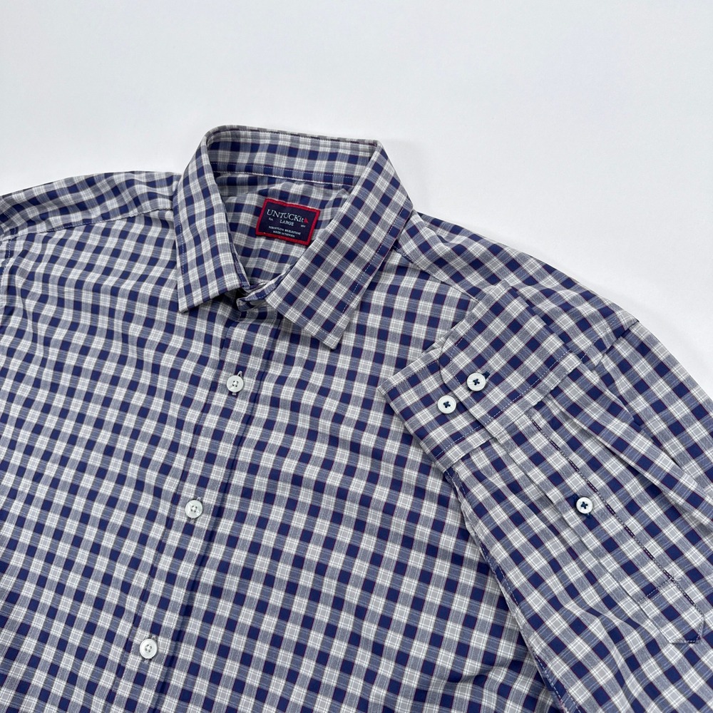 UNTUCKit Mens Button Down Shirt Large Navy Blue Gingham Performance Nylon